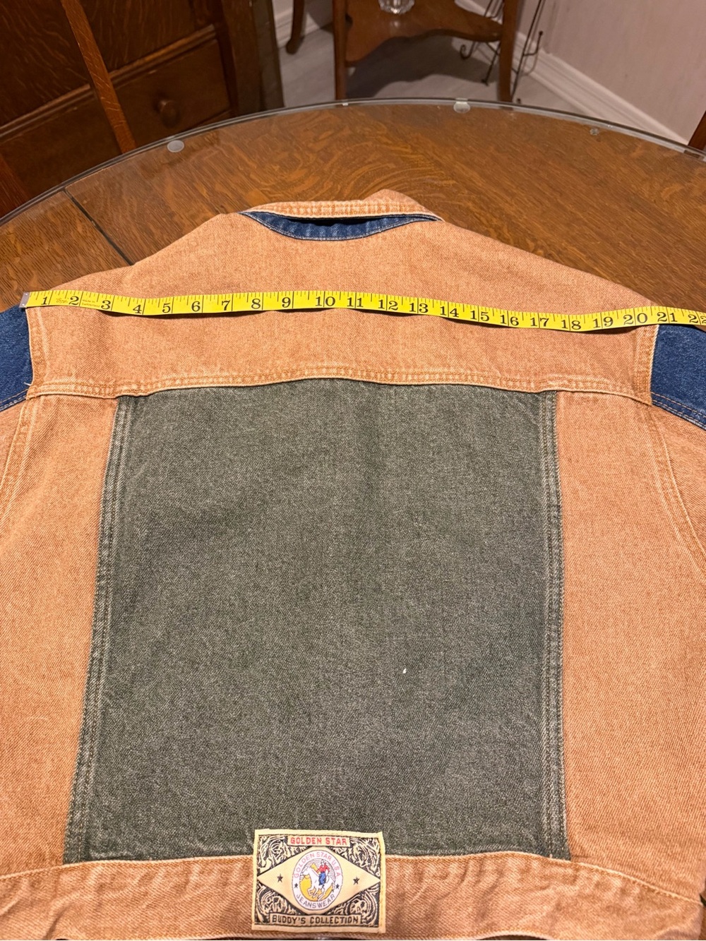 Vintage 1980’s Golden Star Colorblock Cropped Jean Jacket Brown, Olive & Indigo - Picture 4 of 11
